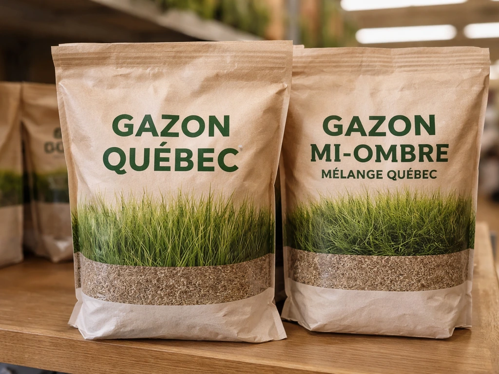 Gros plan sur des sacs de semences en jardinerie avec « gazon Québec » et « mi-ombre » visibles.