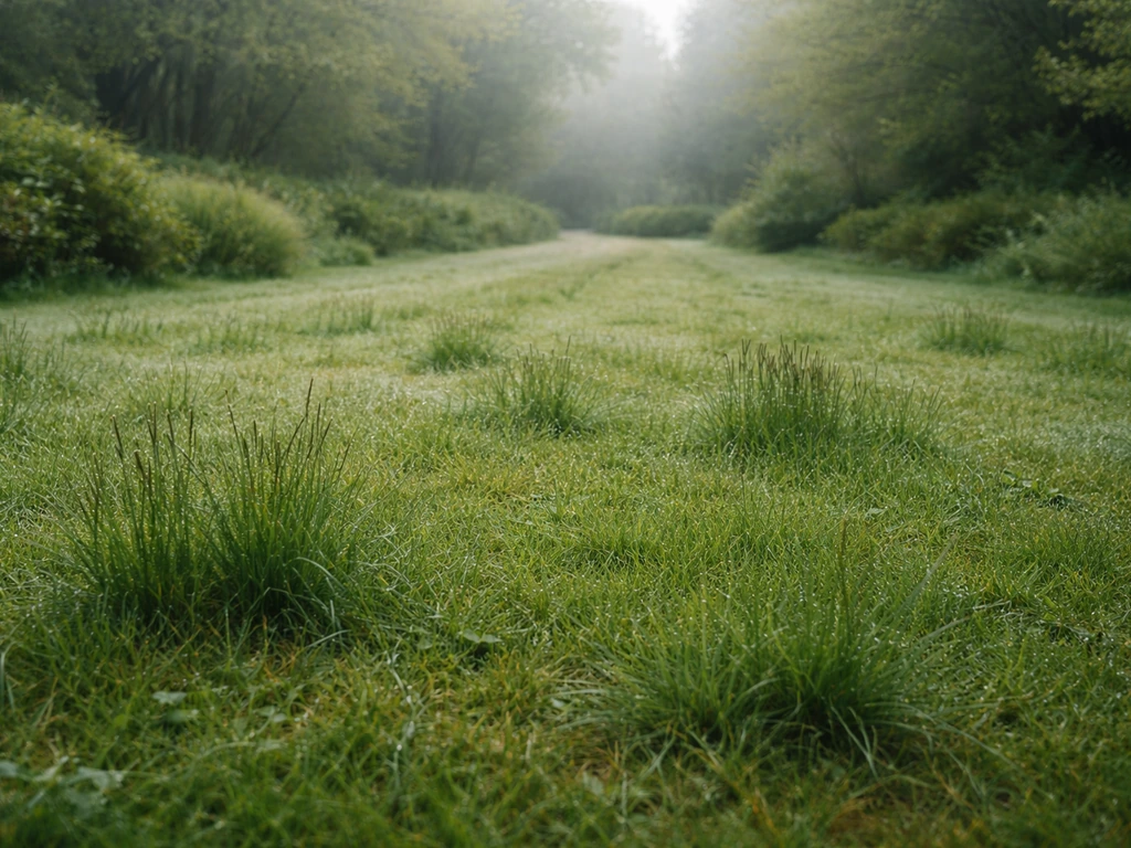 Pelouse verdoyante sous brume légère, sol humide et graminées denses, ambiance fraîche océanique.