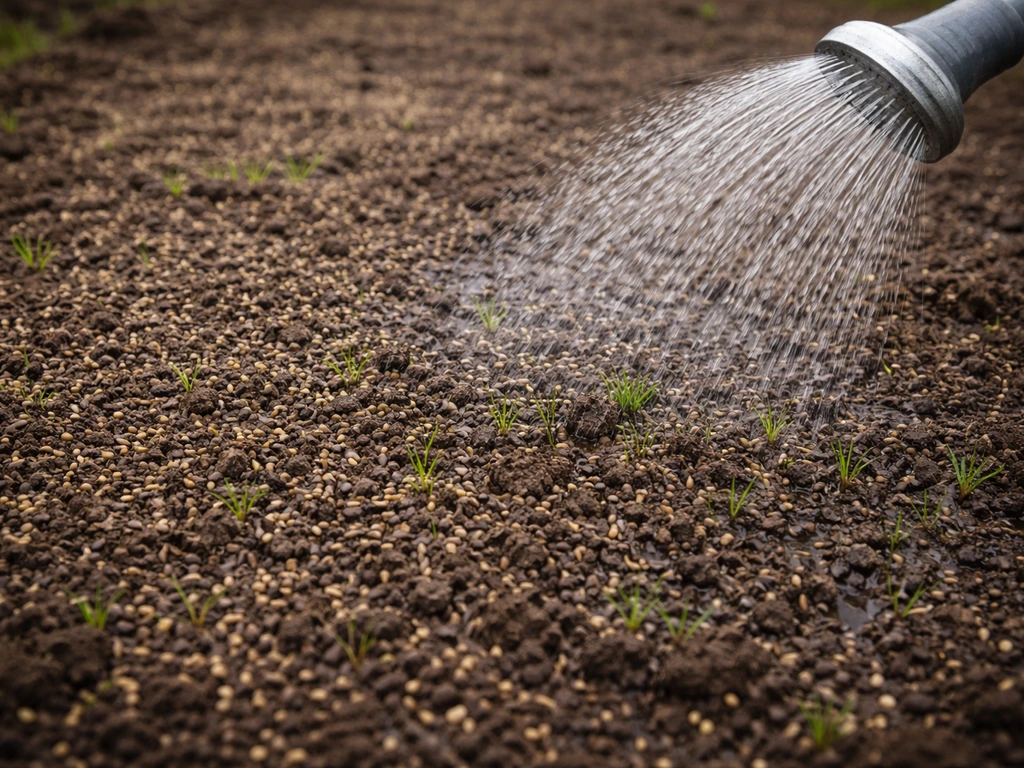Gros plan d’un semis de gazon avec graines sur sol préparé et arrosage de démarrage en pluie fine.