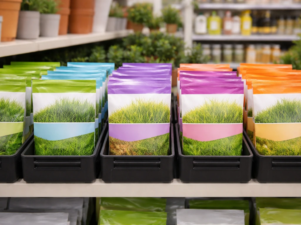 Rayon de jardinerie montrant plusieurs sachets de semences de gazon “Verve” sur une étagère.