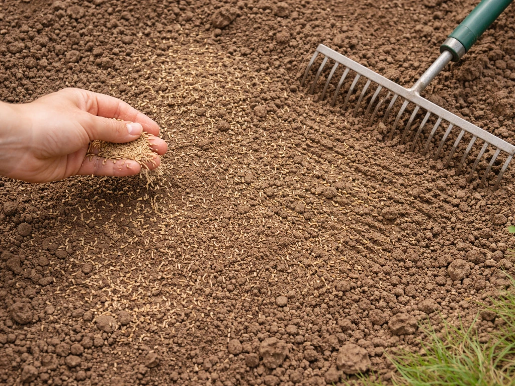 Vue de dessus : une main épand des graines de gazon puis les recouvre très légèrement au râteau fin.