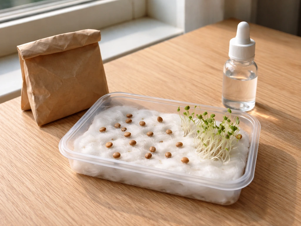 Plateau de coton humide avec graines et micro-pousses, pour illustrer un test de germination après installation.
