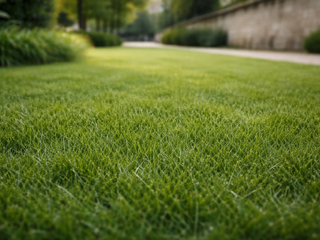 Pelouse urbaine dense et bien entretenue à Paris, texture de gazon réaliste avec lumière naturelle.