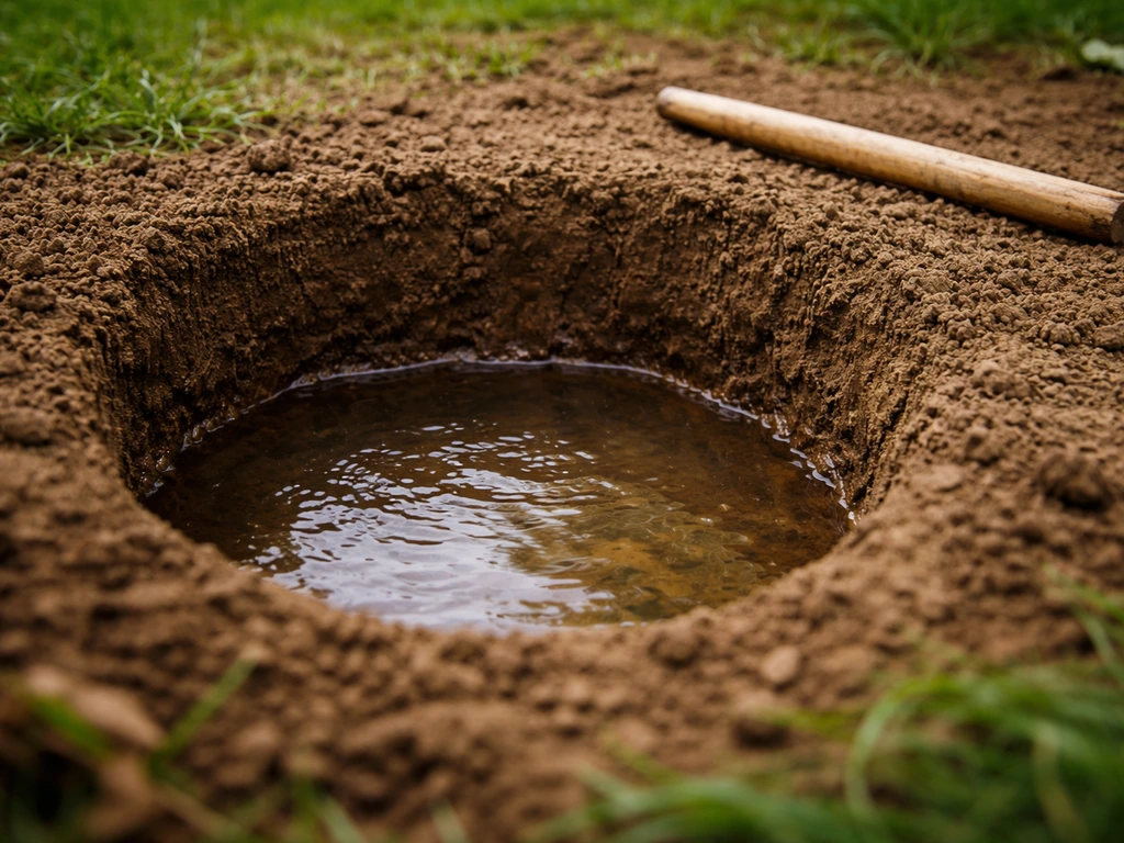 Trou de drainage rempli d’eau dans un jardin, pour observer la stagnation du niveau et l’écoulement.