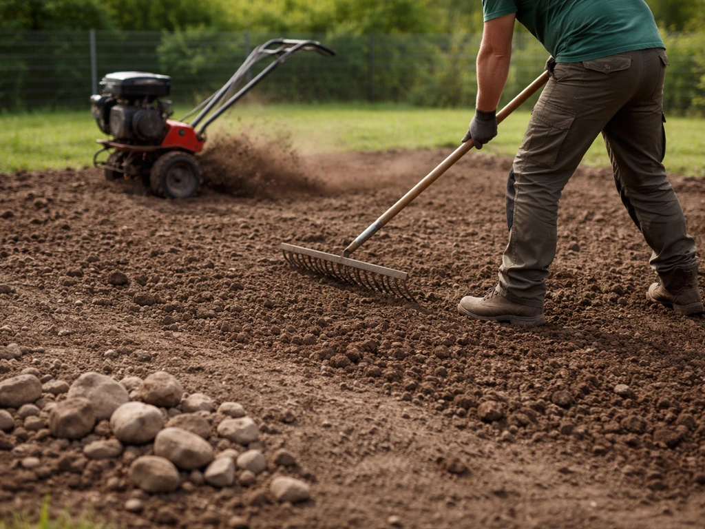 Jardinier décompactant et nivelant une terre avant de semer ou poser un gazon, pierres retirées.