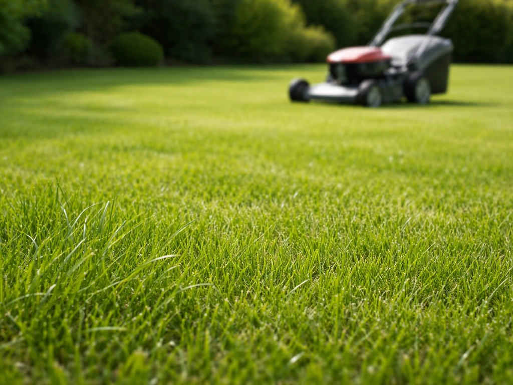Vue rapprochée d’une pelouse tondue, herbe à 5 cm, tondeuse en arrière-plan et soleil de fin de matinée.