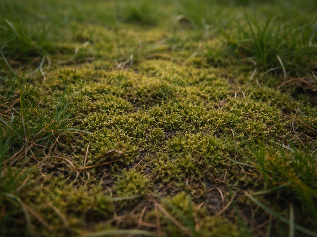 Gros plan d’une pelouse envahie de mousse, texture feutrée et herbe jaunie entre les brins.