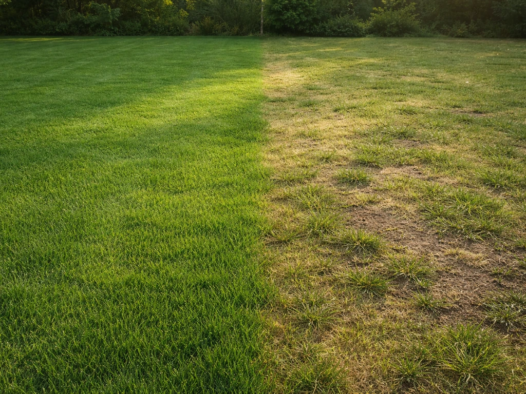 Comparaison visuelle d’une pelouse dense et d’une pelouse clairsemée dans un jardin, lumière naturelle.