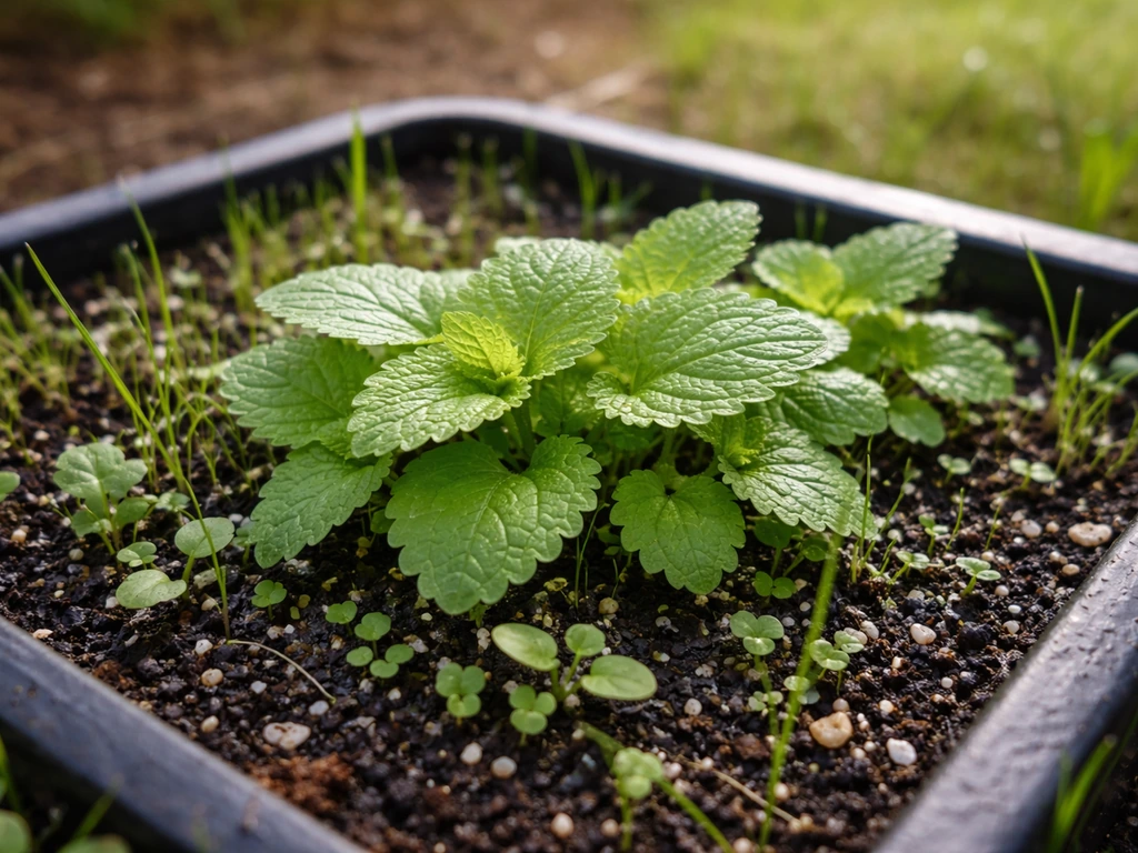 Gros plan de jeunes plants de pelouse avec davantage de mélisse, feuilles denses et graminées en arrière-plan.