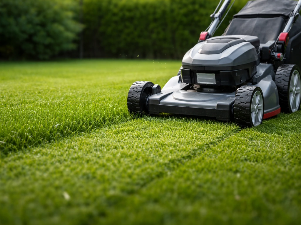 Tondeuse en action sur une pelouse, herbe fraîchement coupée légèrement aplatie.