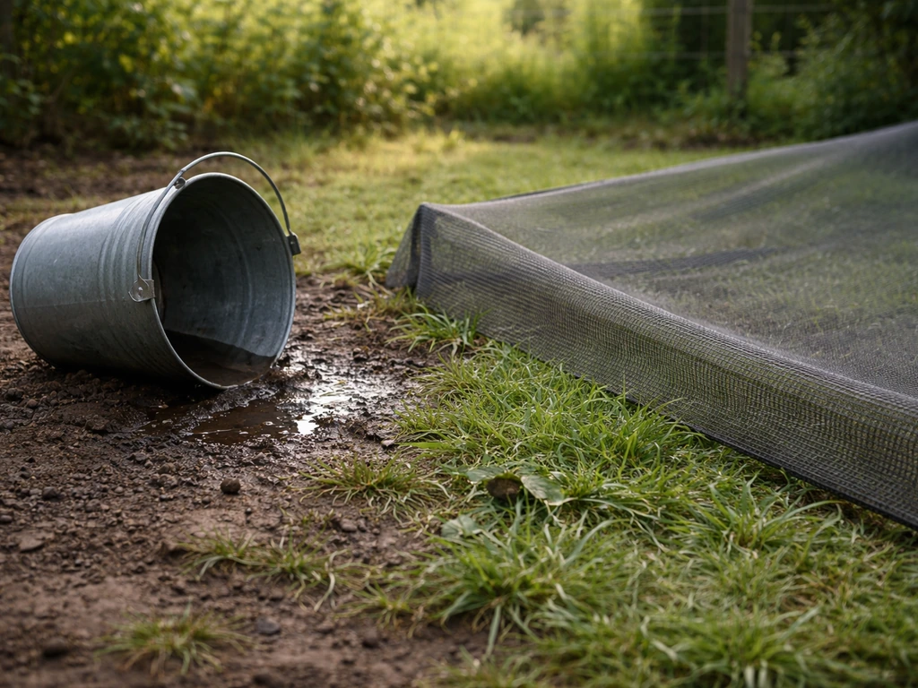 Seau d’arrosage renversé et moustiquaire de jardin pour illustrer la prévention des gîtes d’humidité.