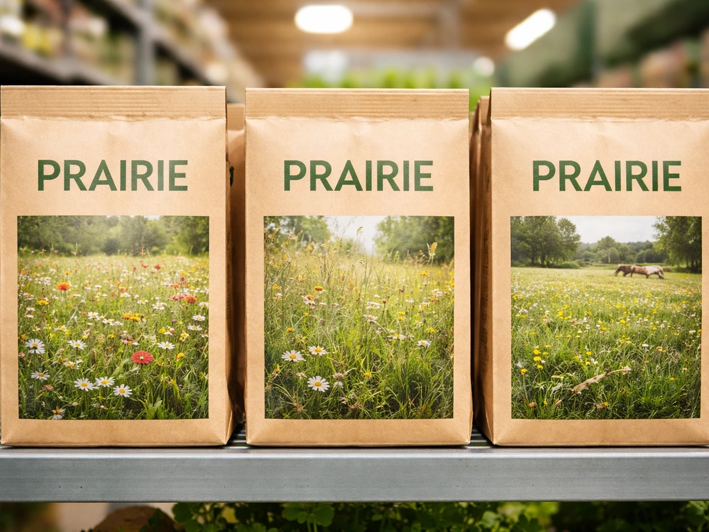 Étal en jardinerie avec plusieurs poches de graines « prairie » de types différents, côte à côte, fond flou.