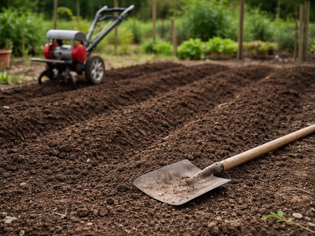 Sol décompacté et finement ameubli avec bêche et motoculteur, avant semis.