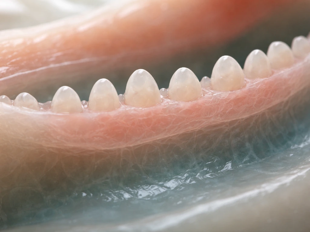 Close-up of layered embryonic jaw tissue with early tooth bud forming in an organized pattern.
