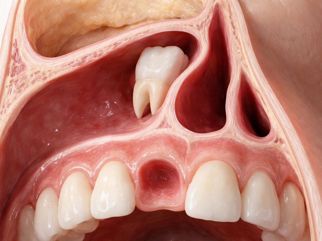 Realistic medical cross-section showing an ectopic tooth in the nasal cavity beside typical upper jaw area.
