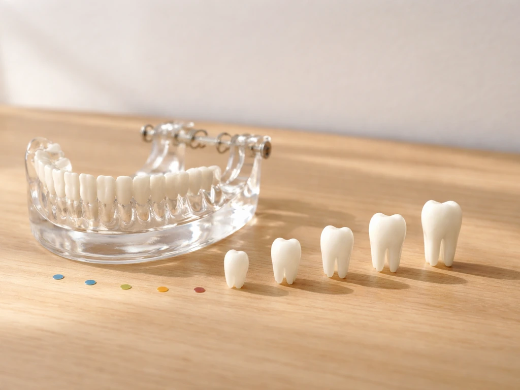 Minimal photo of a lower jaw model with staged tooth replicas to suggest wisdom-tooth eruption timeline from teens to mi