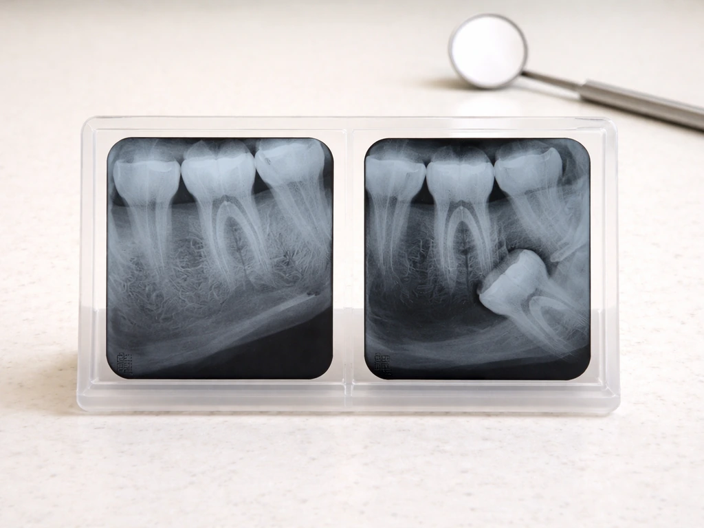 Minimal photo showing two dental X-ray–style views: upper wisdom eruptions subtle vs lower more crowded/impacted.