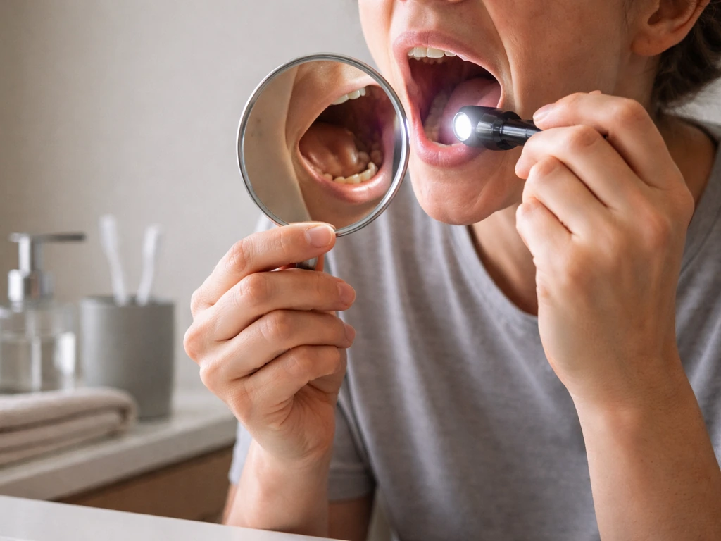 Person using a flashlight and mirror to inspect the back left and right molar areas at home