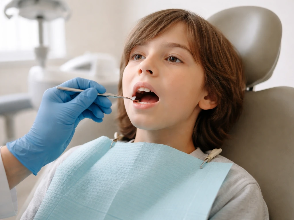 Anonymous 12-year-old in a dental exam room with mixed baby and permanent teeth visible.