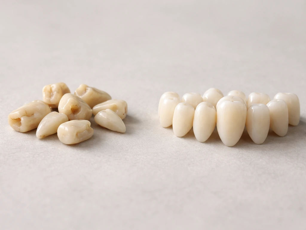 An age-12 mixed dentition scene with two rows of realistic teeth icons side-by-side, baby fading and permanent emerging.