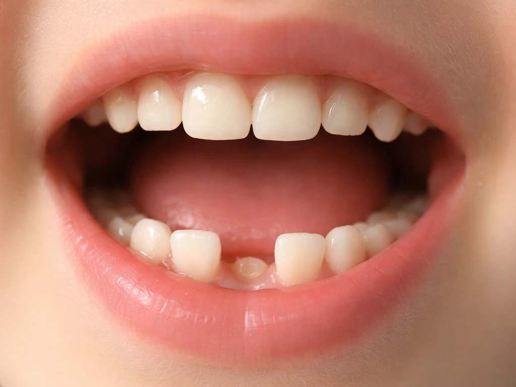 Close-up of a small gap in lower front teeth showing a subtle developing permanent tooth beneath.