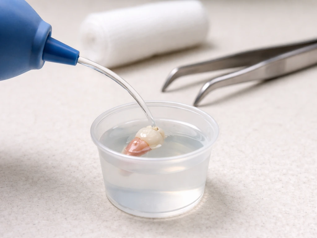 Avulsed tooth in a small cup of saline/milk with gauze nearby, suggesting urgent emergency handling.