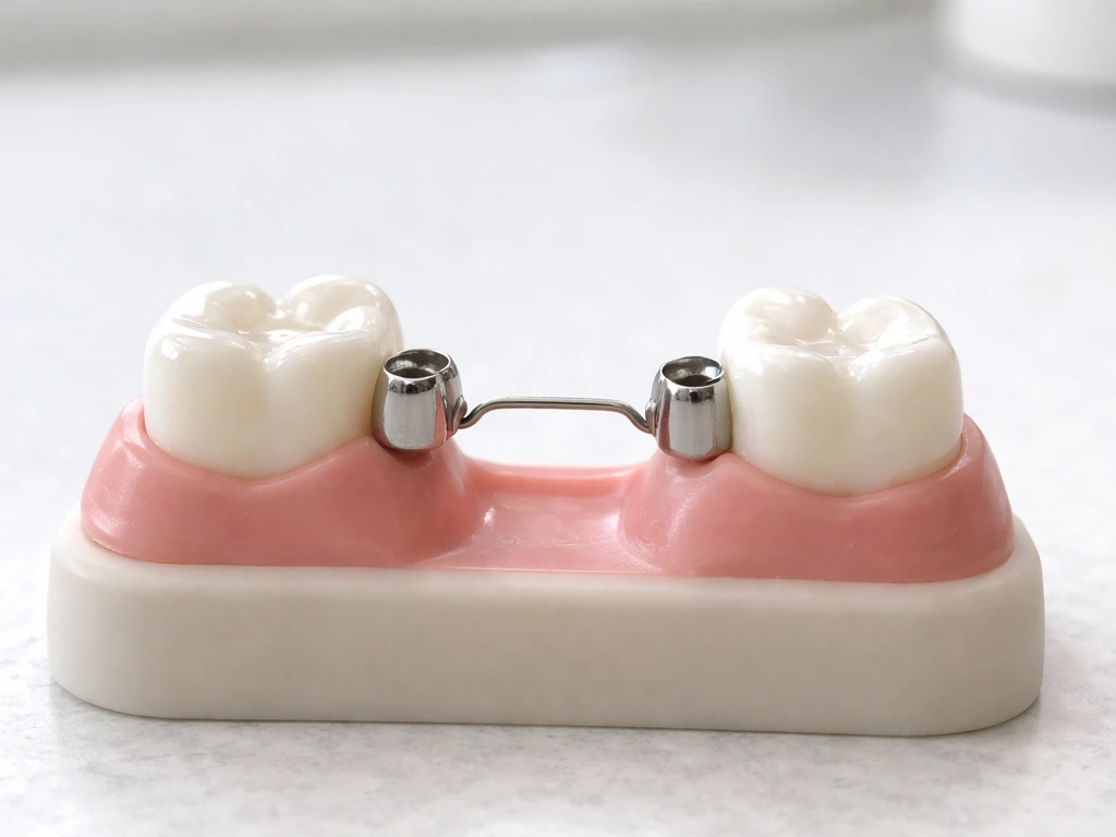A small space maintainer spans a gap between two modeled teeth on a dental training setup.