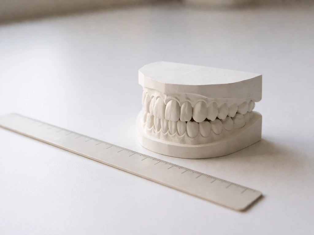 Minimal photo of a dental model and ruler suggesting adult tooth eruption progression by age.