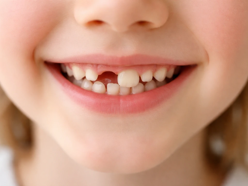 Close-up of a gentle smile showing front teeth area to symbolize the start of adult tooth eruption.