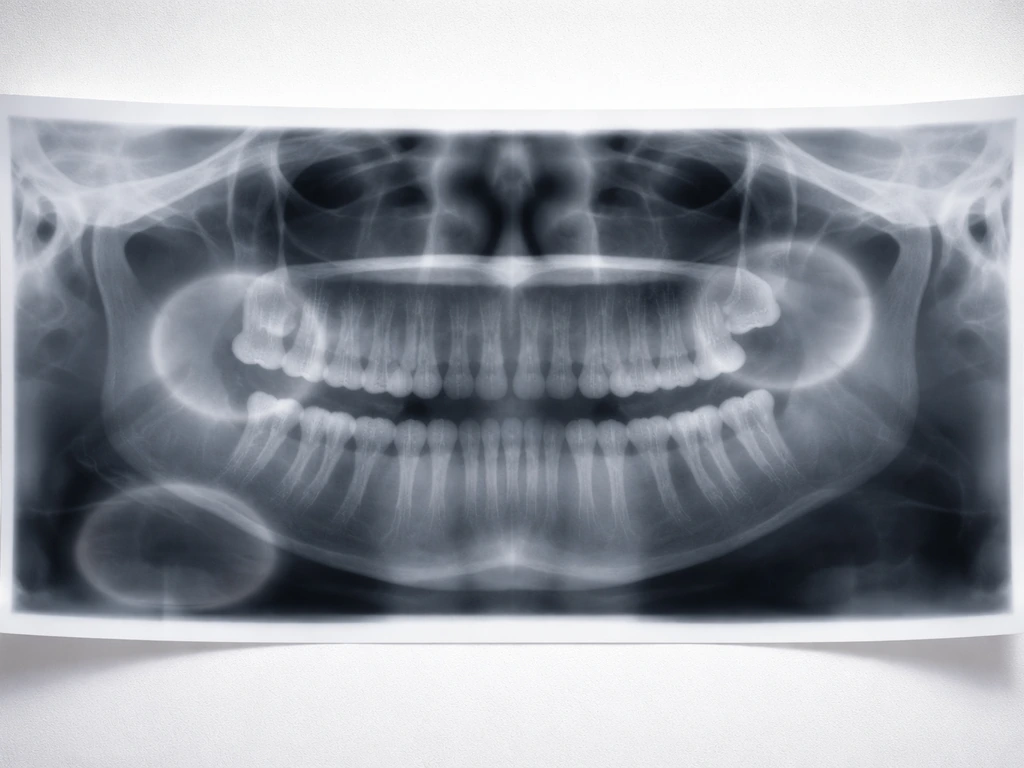 Minimal view of panoramic dental X-ray showing upper and lower jaws with highlighted delayed/missing tooth areas