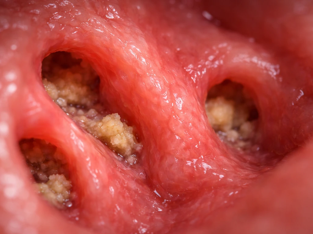 Macro view of tonsil crypt-like folds with soft organic buildup trapped in the recesses.