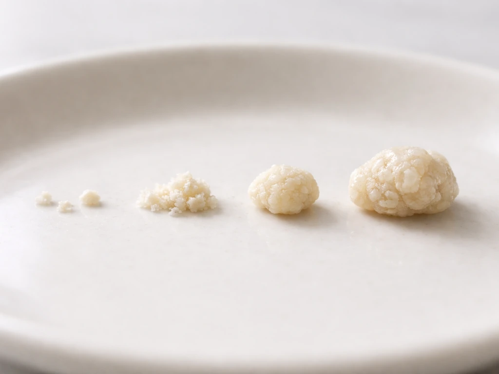 Macro of small white particles accumulating into a larger clump across several time stages on a dish.