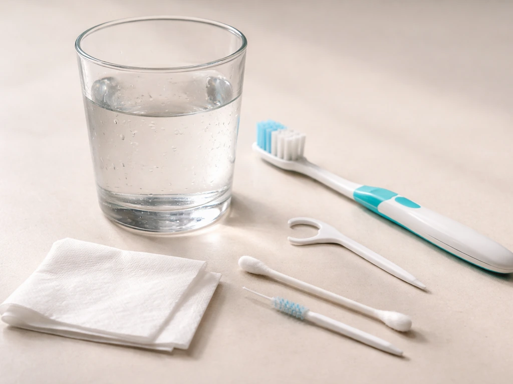 Minimal tabletop photo of dry mouth prevention items: water glass, oral hygiene tools, and a cotton swab setup.