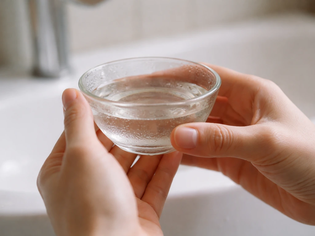 Hands holding a glass of warm salt water near the mouth in a calm bathroom setting.
