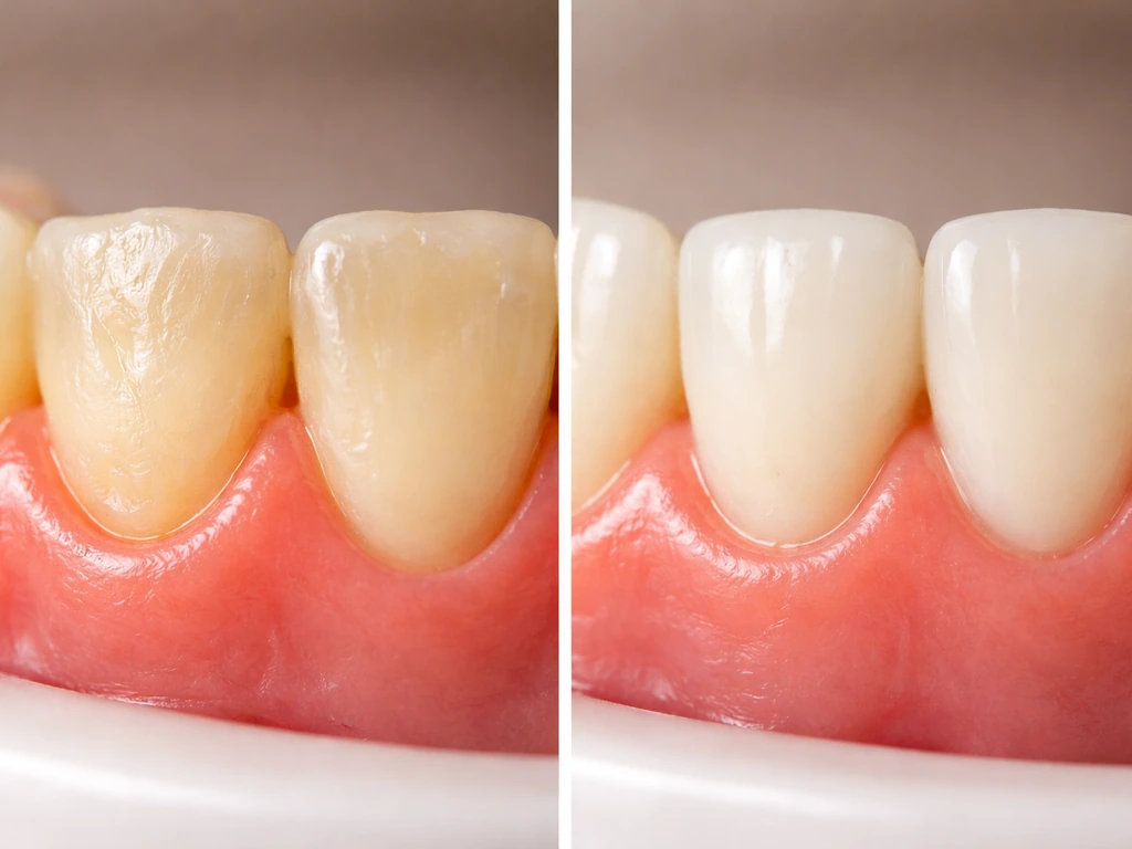 Two adjacent dental model halves showing damaged enamel not regrowing and gum only appearing healed.