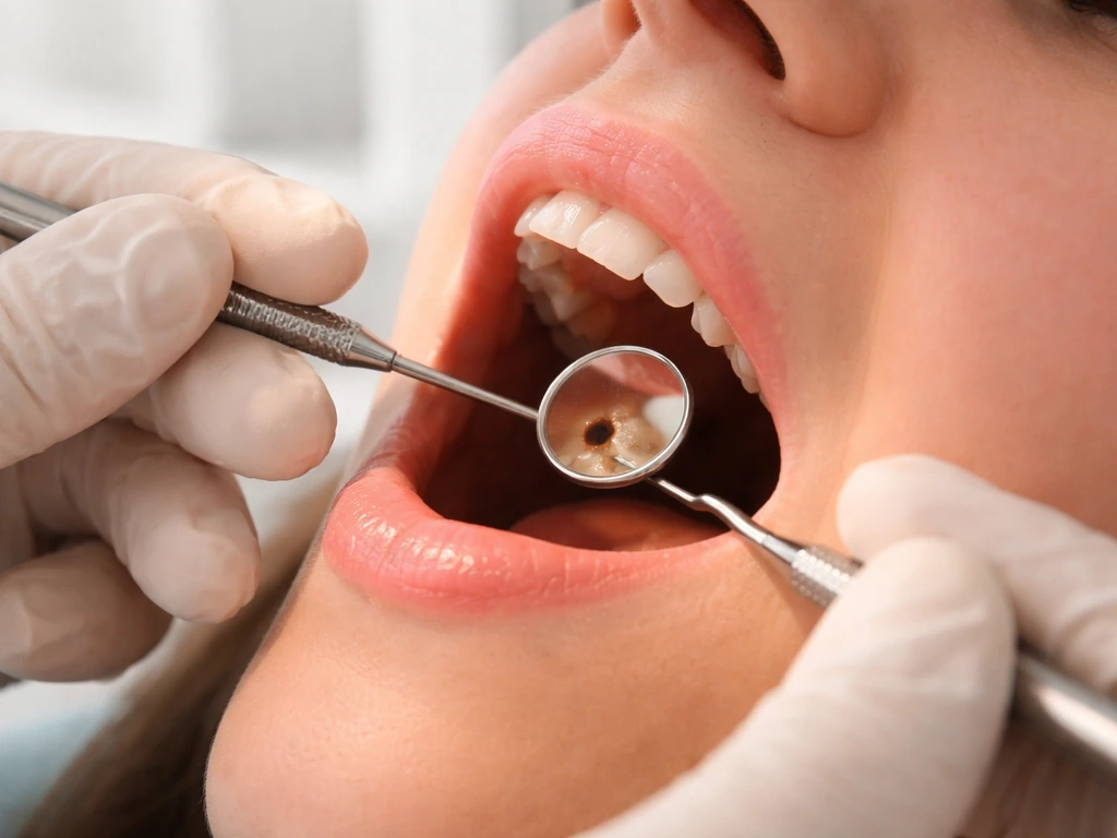 Dentist examines an anonymous patient’s molar closely with tools during cavity treatment in a clinic.
