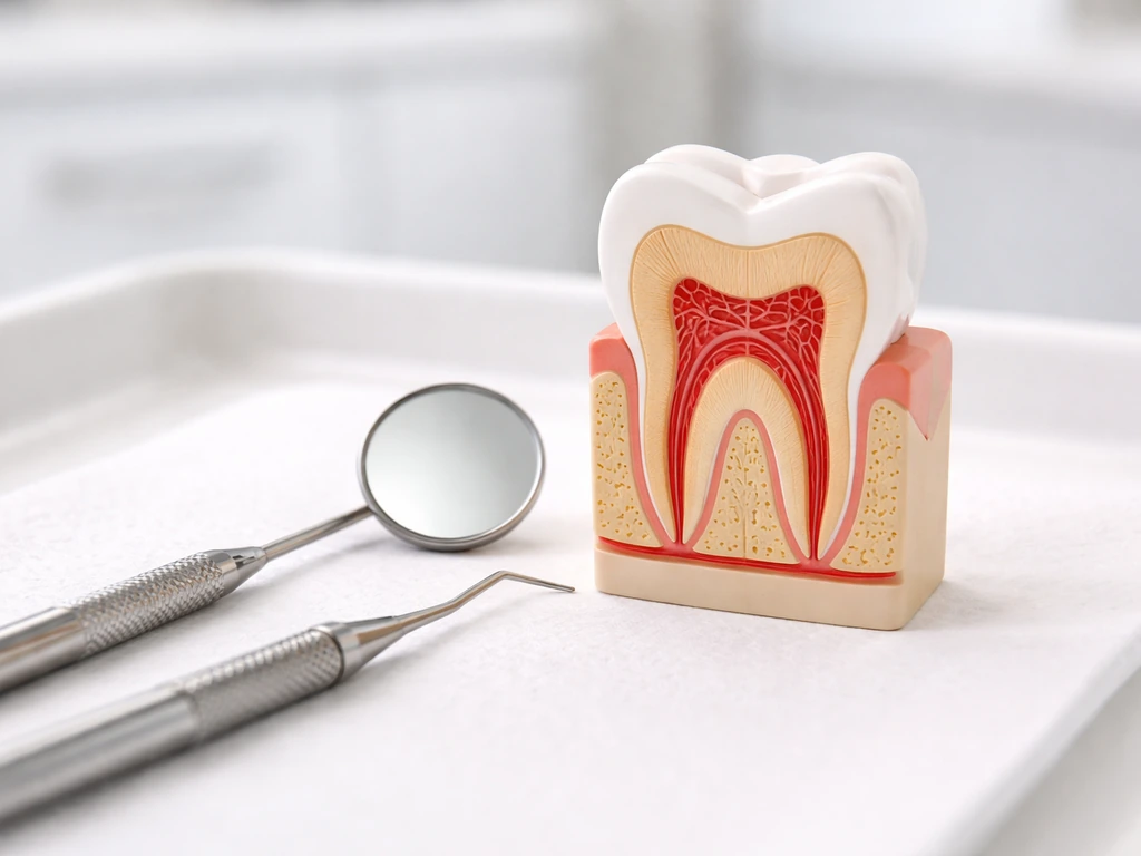 Close-up of dental tool and tooth cross-section model on clean tray, highlighting limited regrowth in adults
