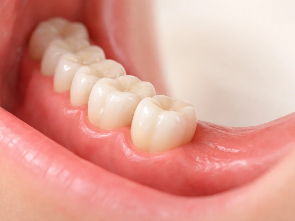 Close-up of a lower jaw with a wisdom tooth partially erupting through the gum.
