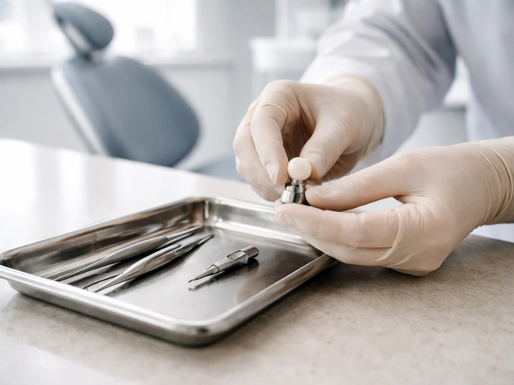 Dentist in a modern clinic examines a dental implant crown component on a tray near instruments.