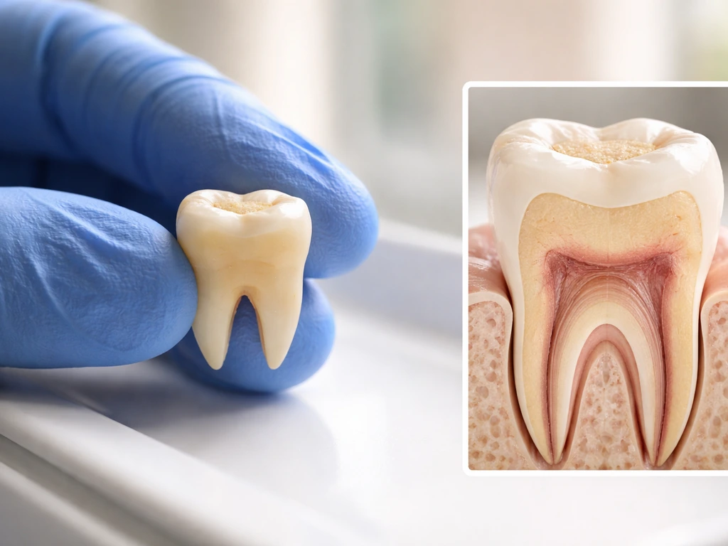 Dental clinic macro view showing tooth enamel wear with a subtle inset of secondary dentin forming