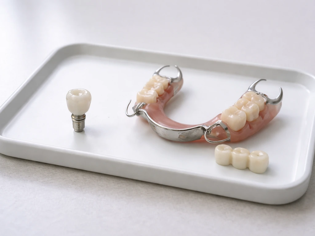 Dental clinic tray with implant crown and removable partial components neatly arranged side by side.