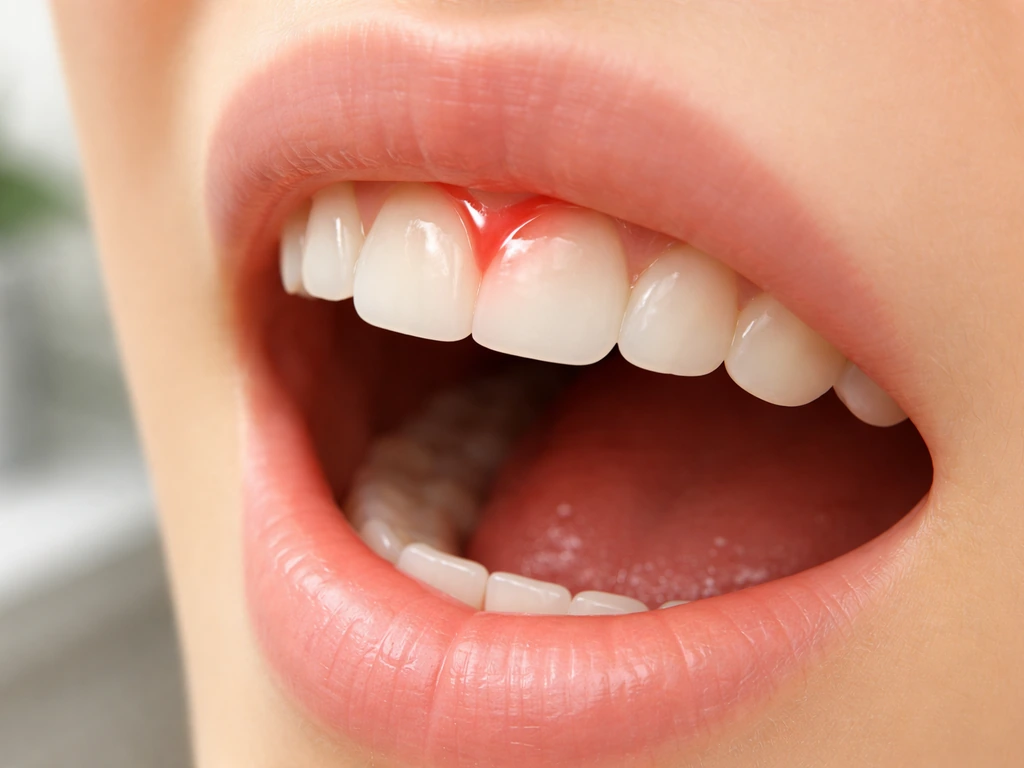 Close-up of an open mouth showing a small, irritated gum tear near the upper lip.