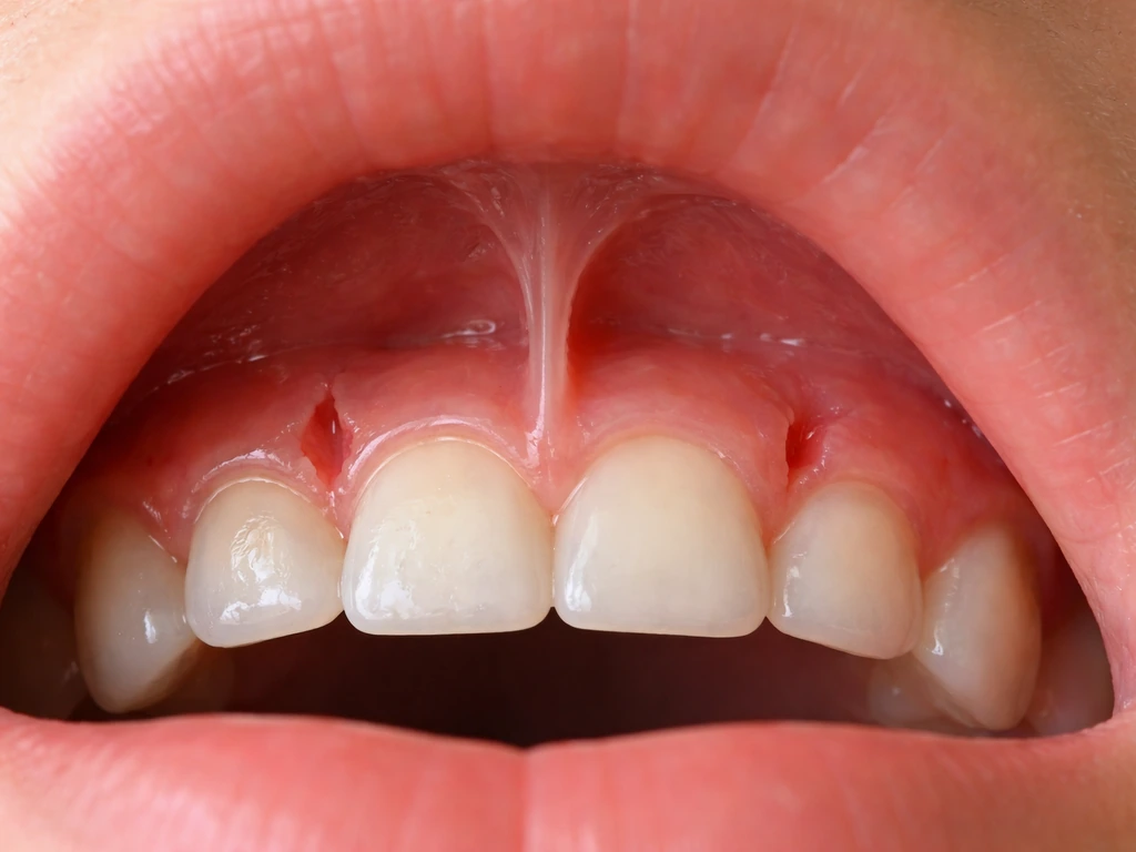 Close-up of mouth tissue areas showing likely “smiley rip” locations: gum line, frenulum, and inner lip.