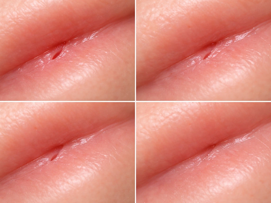 Minimal time-lapse showing gradual closure and reduced redness of a small mouth soft-tissue tear.