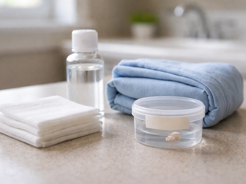 Home-care items for a fresh mouth soft-tissue tear: gauze, saline, cold pack, and a tooth fragment container.