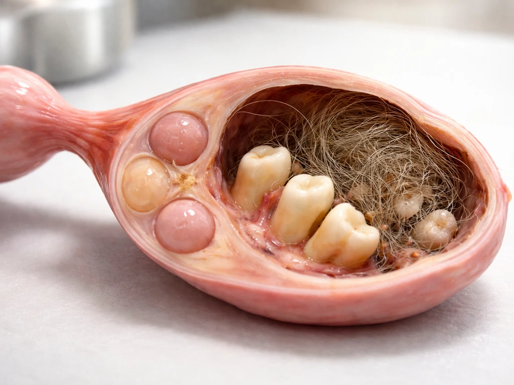 Medical-style cross-section of an ovary with a dermoid cyst showing tooth- and hair-like tissue inside.