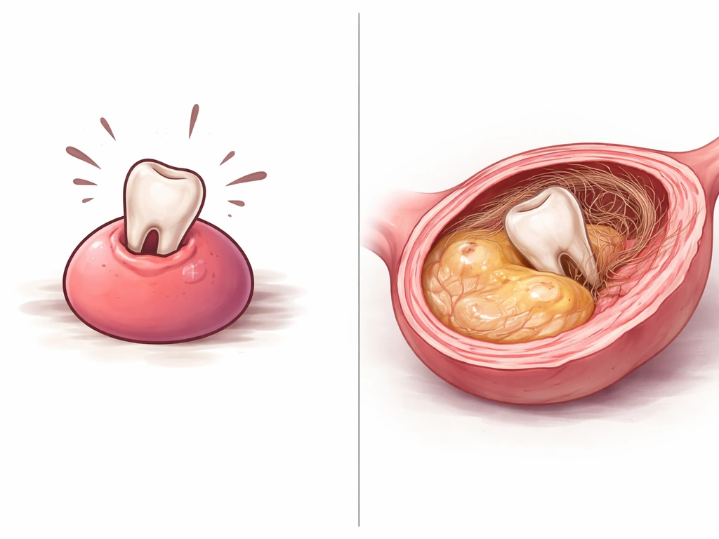 Split image: cartoon cyst with a tooth on the left, realistic teratoma tissue concept inside ovary on the right.