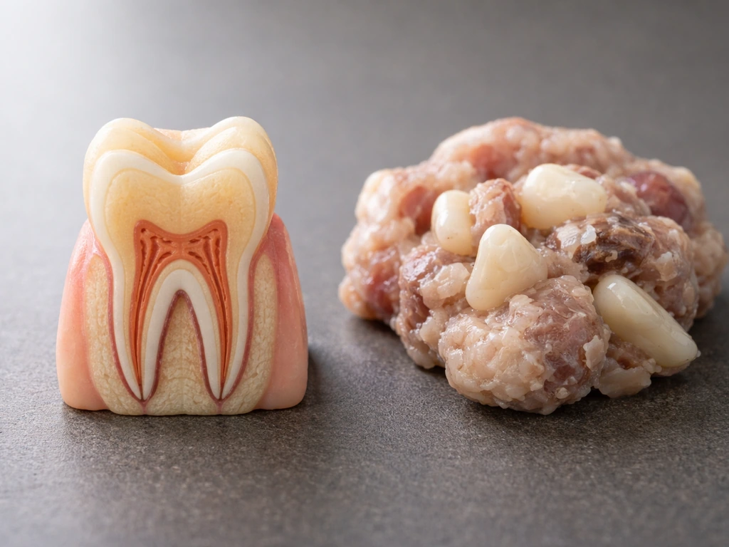 Split view of orderly developing tooth tissue versus disorganized tooth-like fragments on dark background.