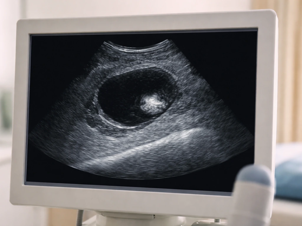 Close-up of a pelvic ultrasound screen showing a bright echogenic nodule consistent with a mature teratoma.