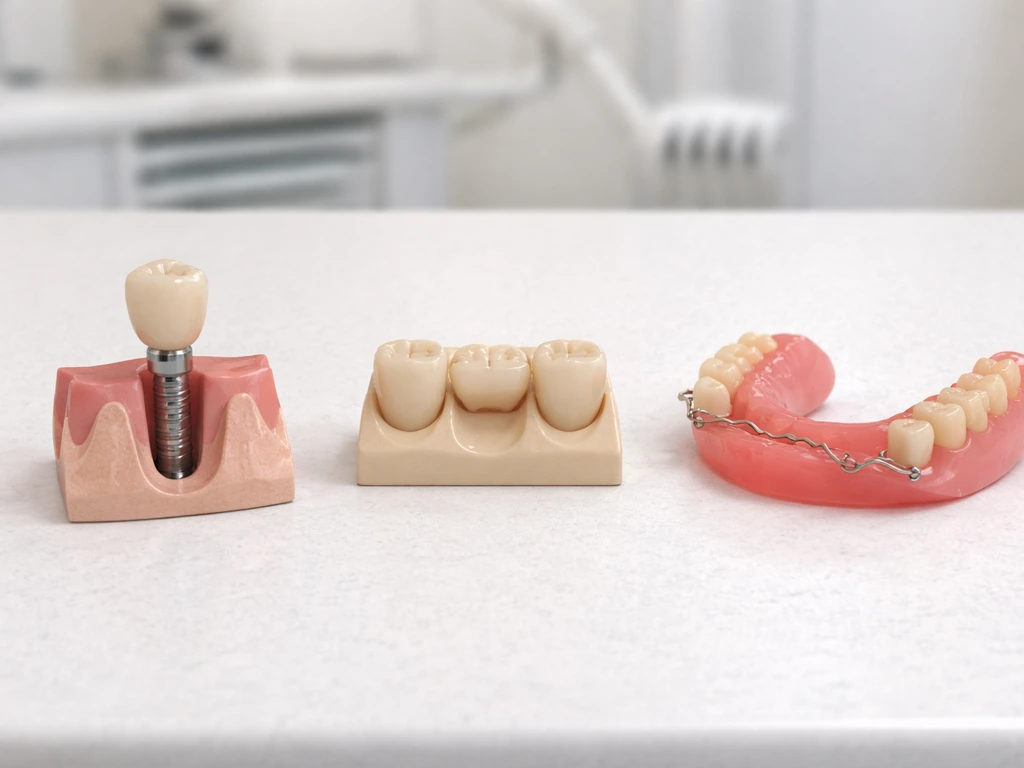 Side-by-side photo of a dental implant crown and post, a dental bridge, and a partial denture on a clinic tray